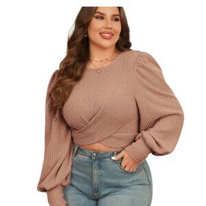 SHEIN Essence Plus Khaki Lantern Sleeve Crossover Crop Top – Size 0XL- NWOT